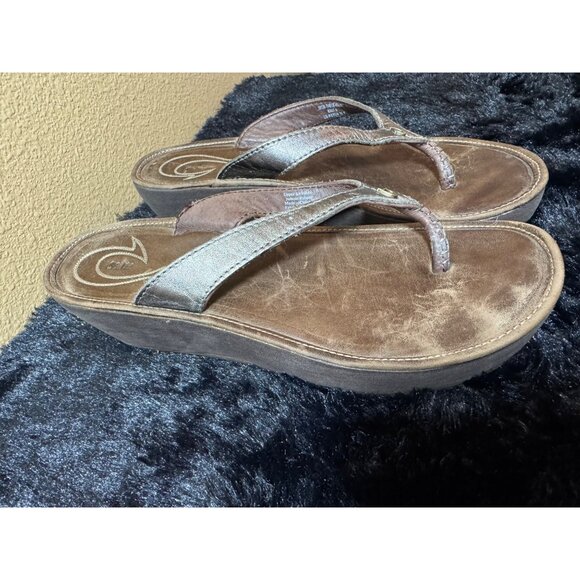 Olukai Womens Leather Platform Flip Flops Size 8 Brown - Picture 5 of 7